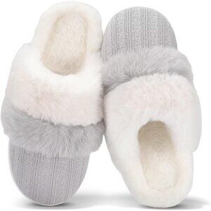 Women's Two Tone Gray White Faux Fur Lining Collar Memory Foam Slippers Shoes